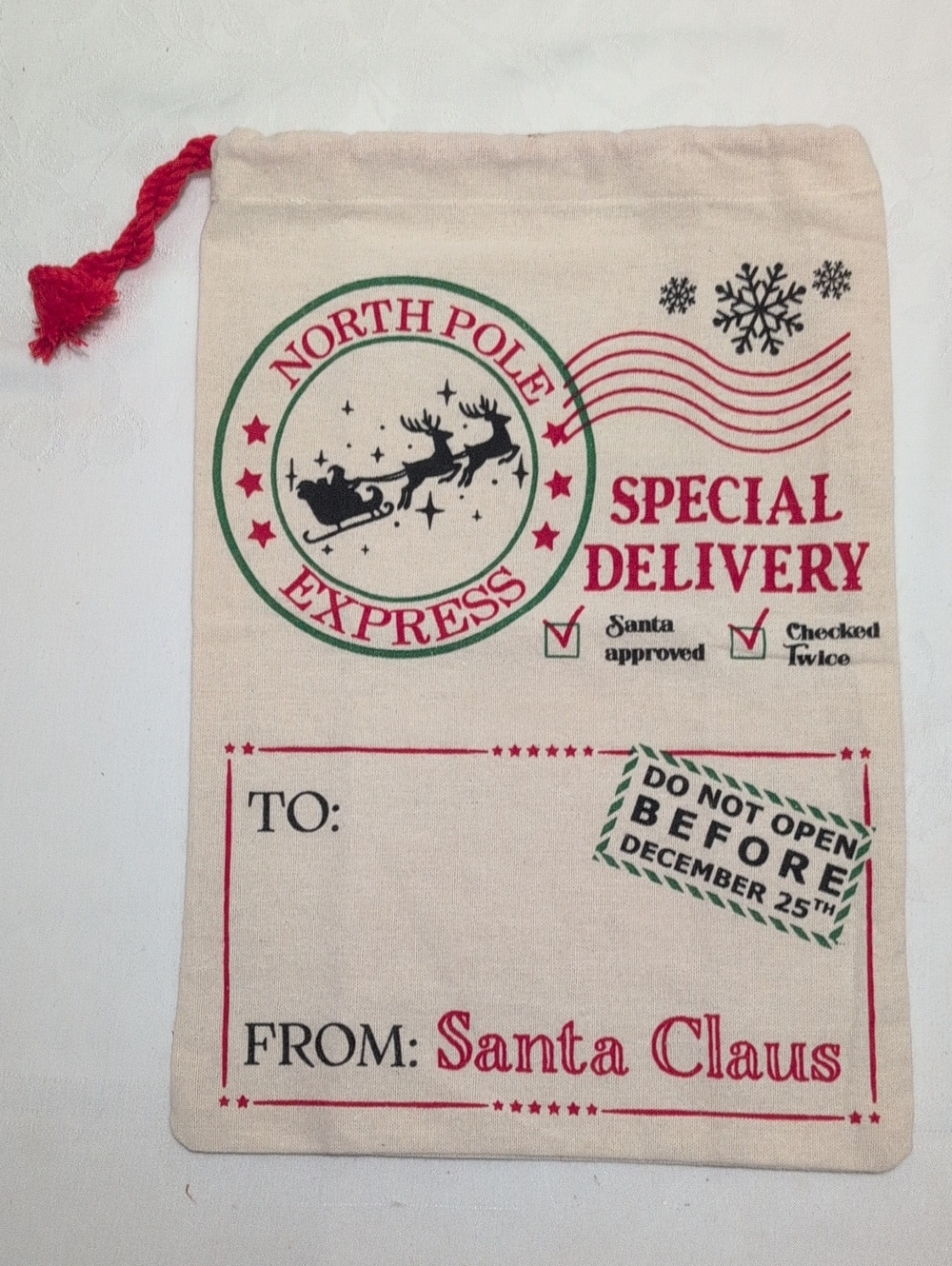 North Pole Express Santa Claus Gift Sack - Red & Green Print - Picture 2 of 3